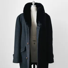 1950s-1960s Noveline Charcoal Grey Plaid Interior Faux Fur Collar Coat - Sz. L/XL