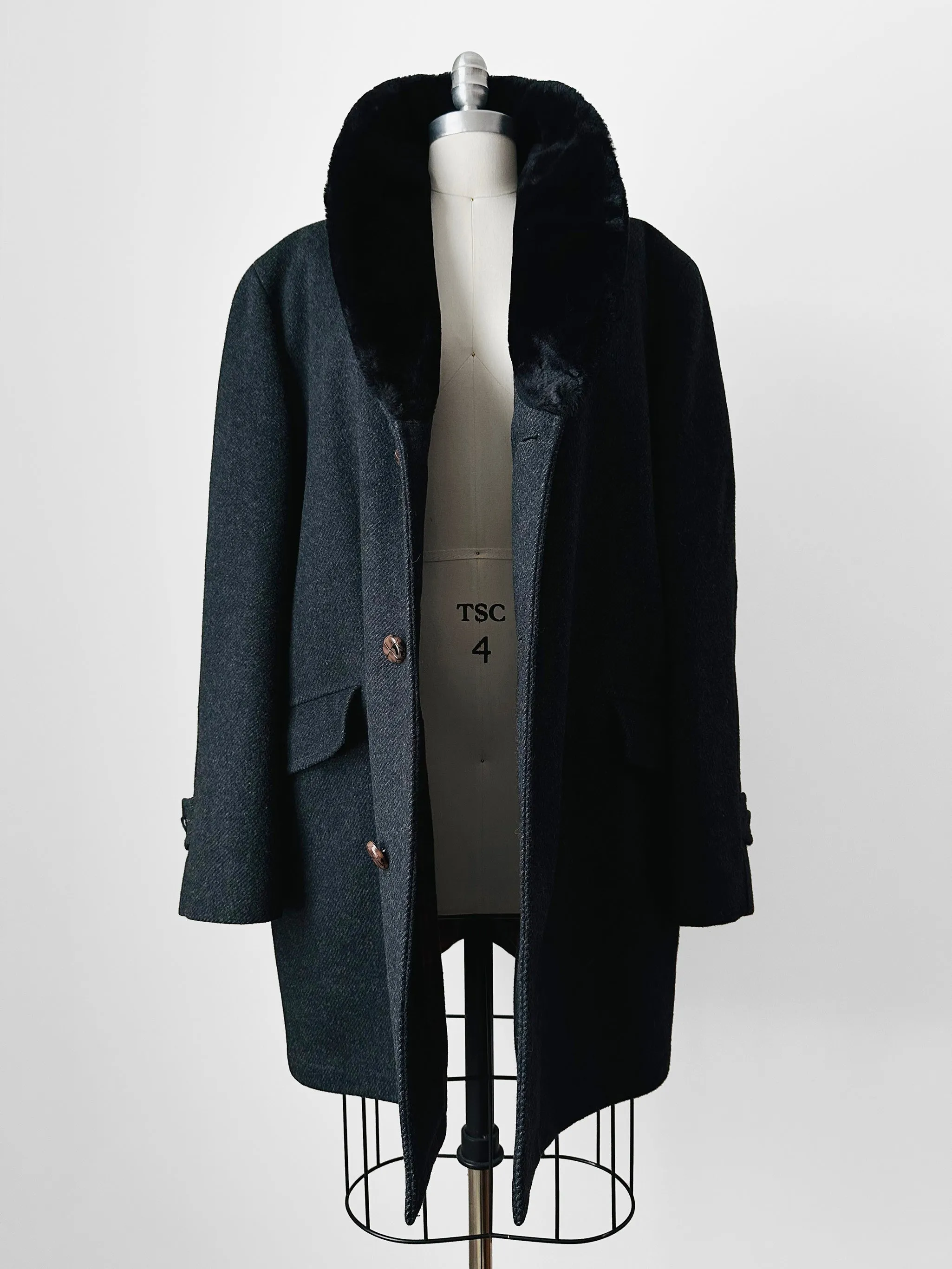 1950s-1960s Noveline Charcoal Grey Plaid Interior Faux Fur Collar Coat - Sz. L/XL