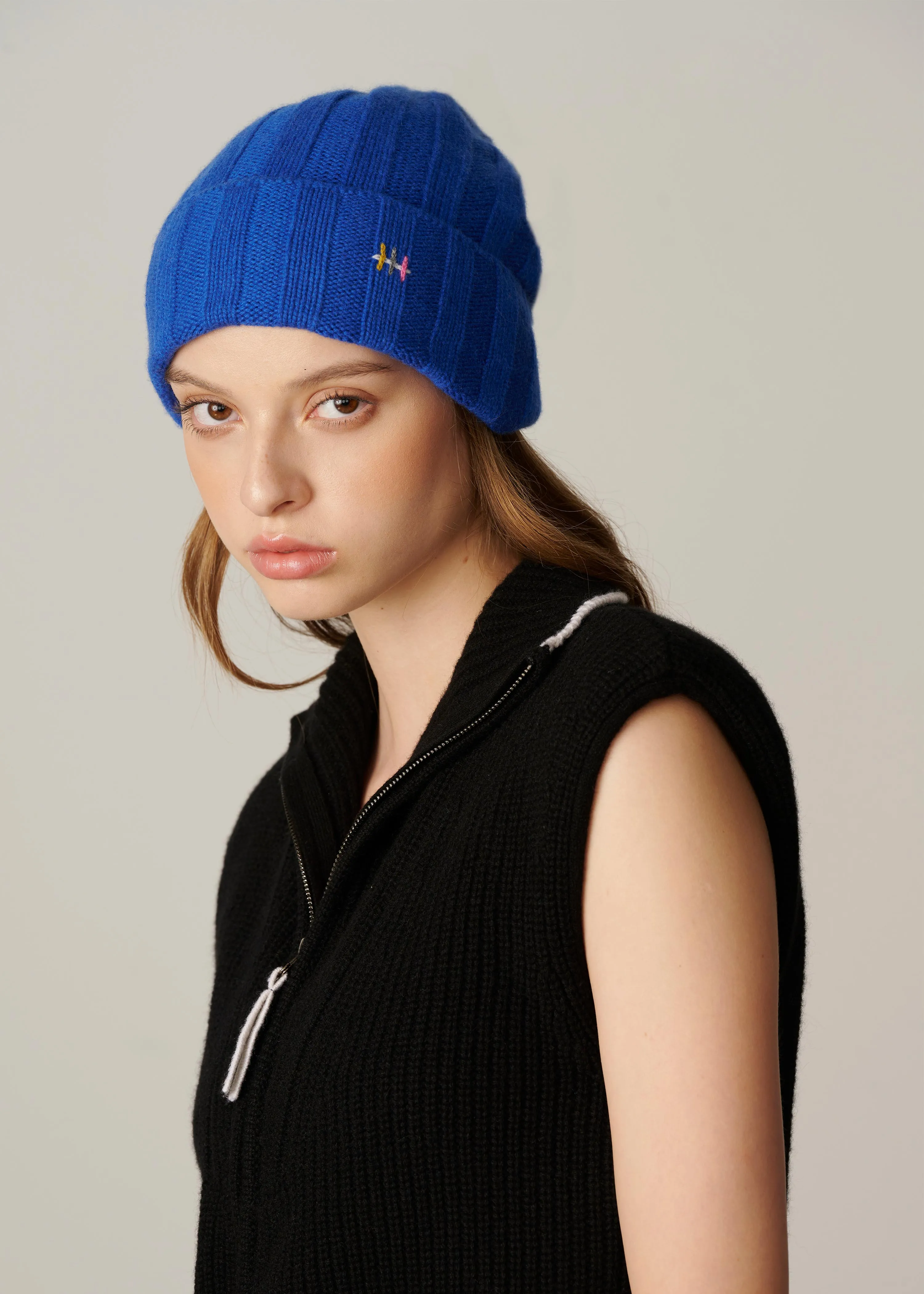 Cashmere Rib Knit Beanie -  Cobalt Blue