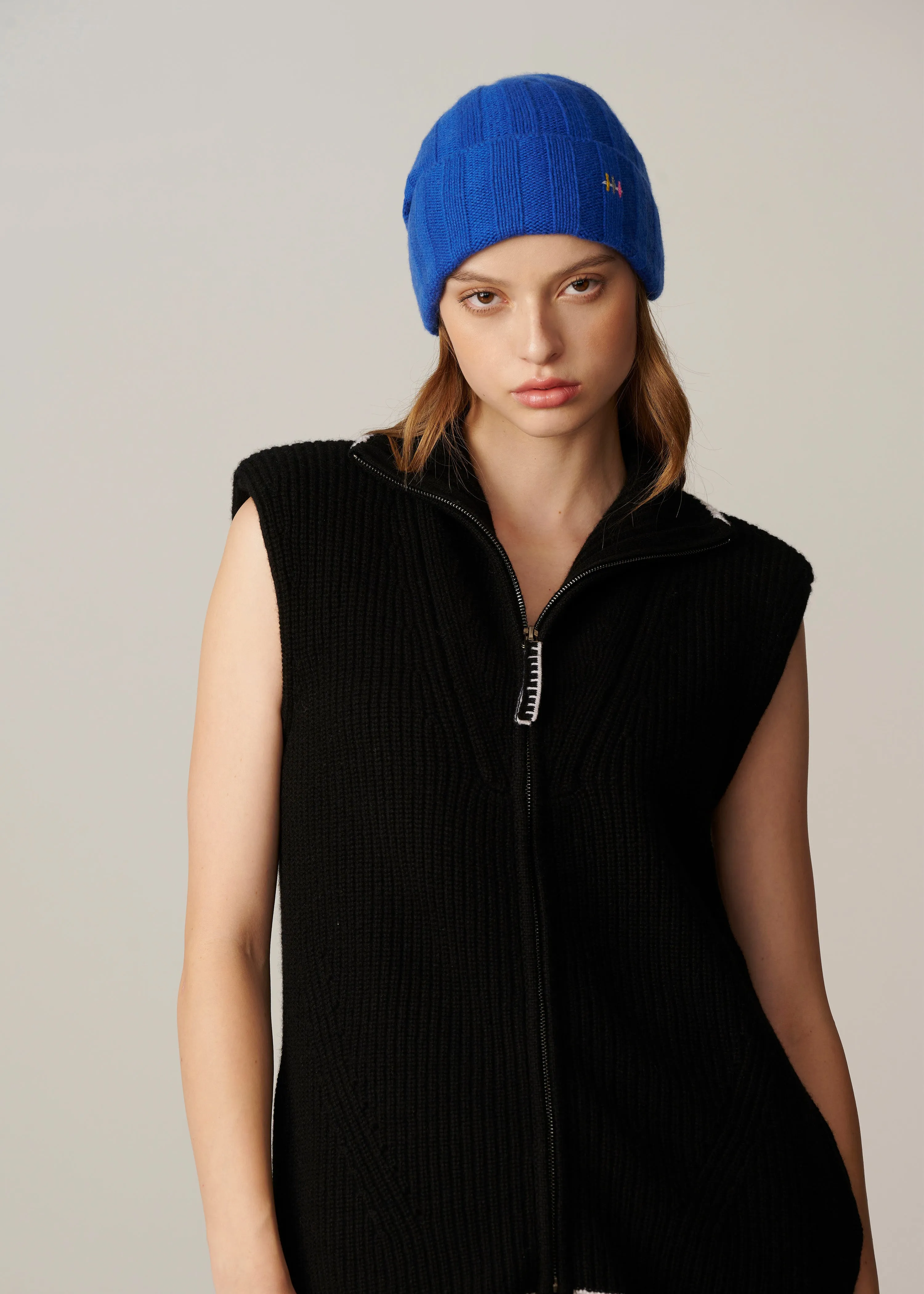 Cashmere Rib Knit Beanie -  Cobalt Blue