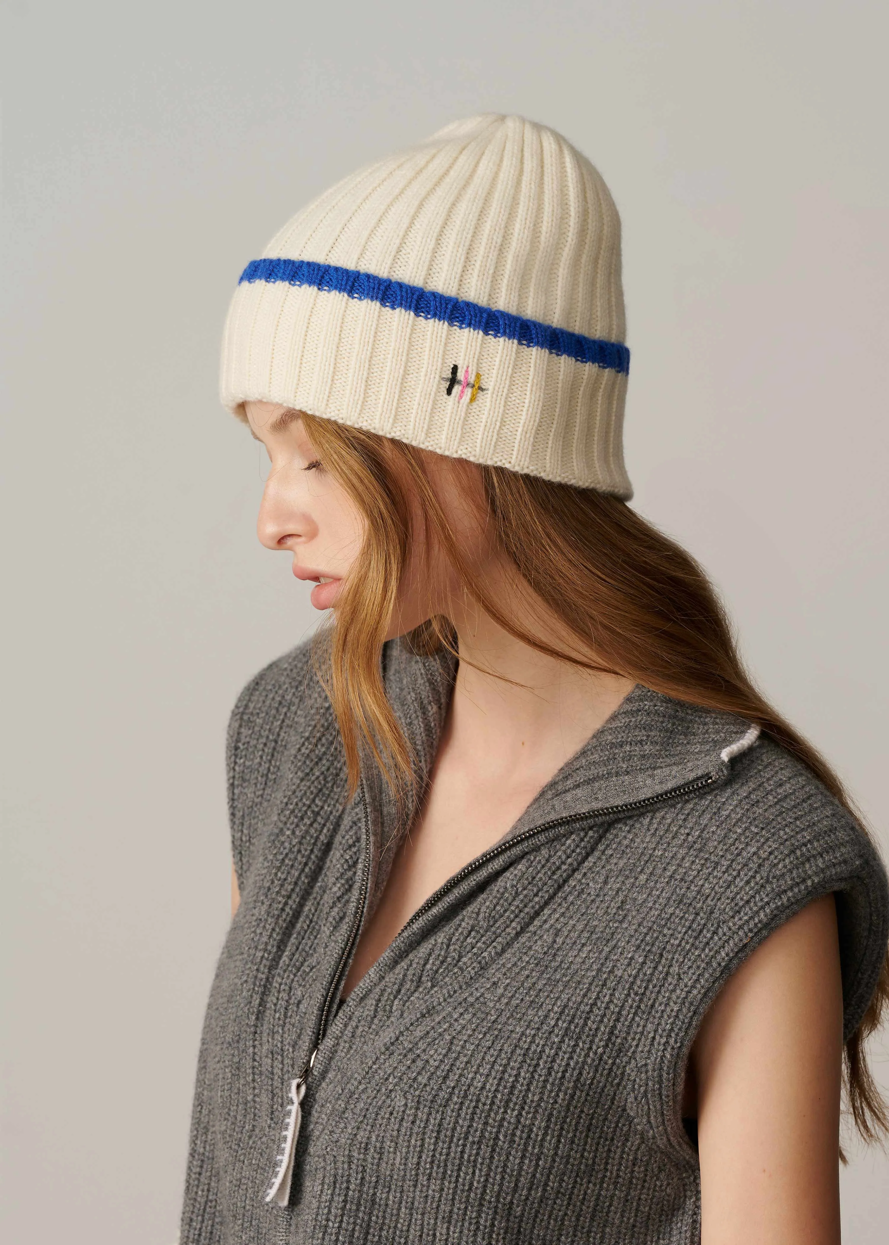 Cashmere Rib Knit Beanie - White with Blue Stripe