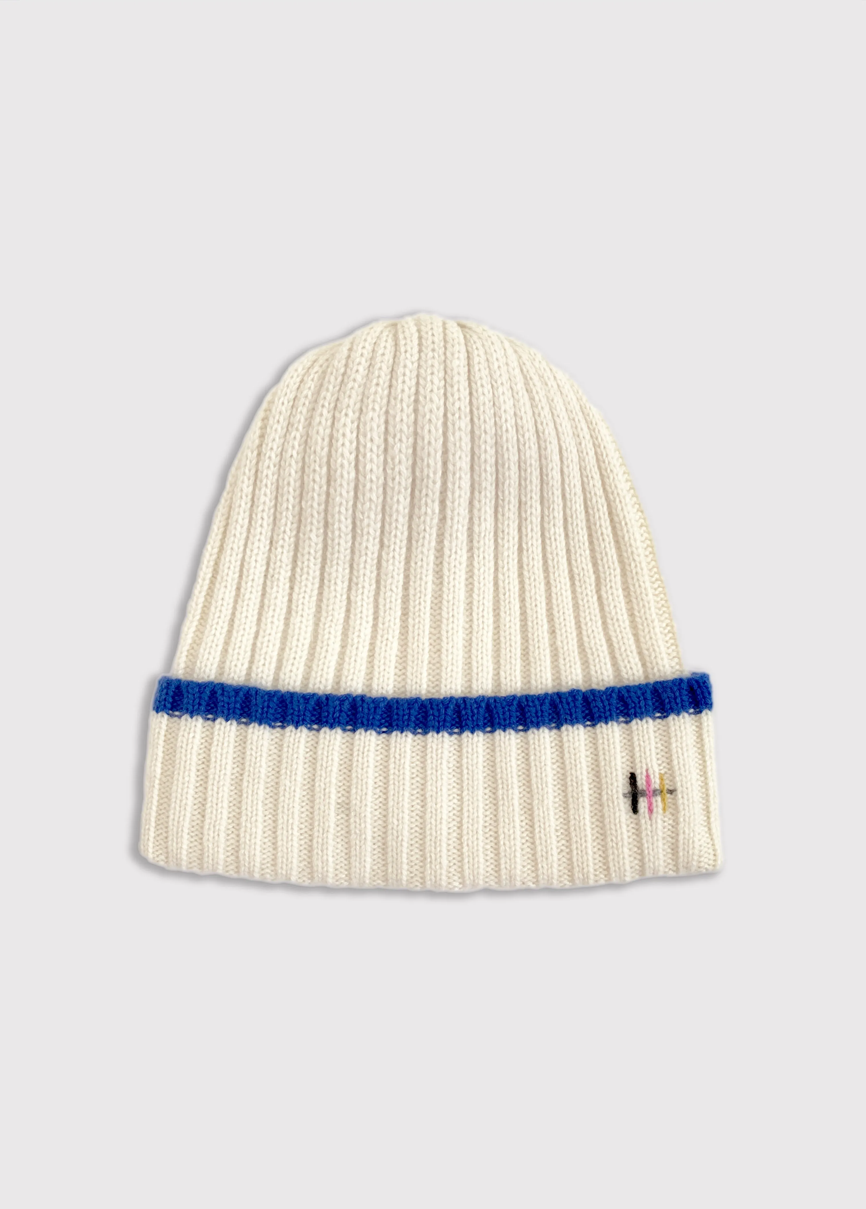 Cashmere Rib Knit Beanie - White with Blue Stripe