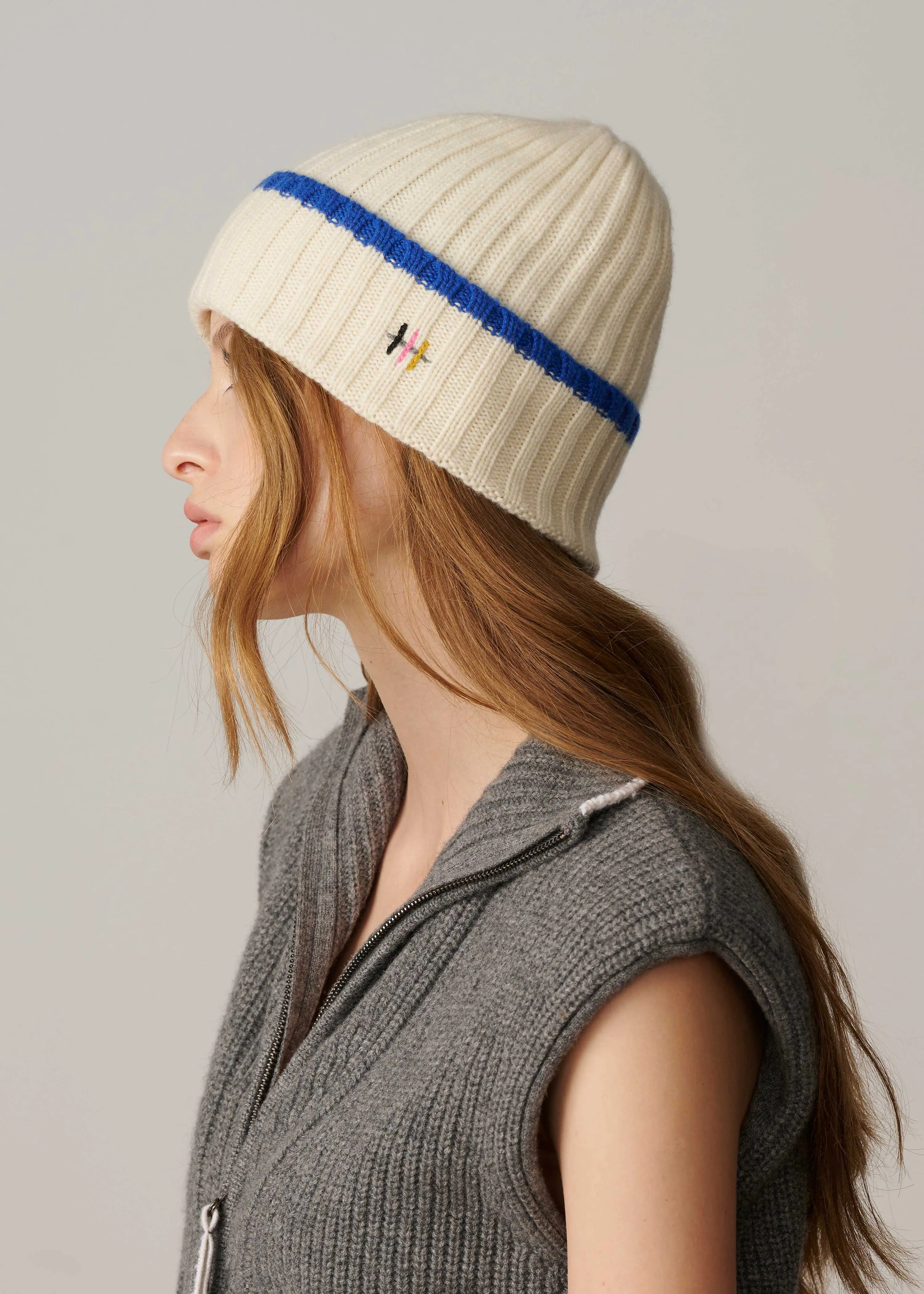 Cashmere Rib Knit Beanie - White with Blue Stripe