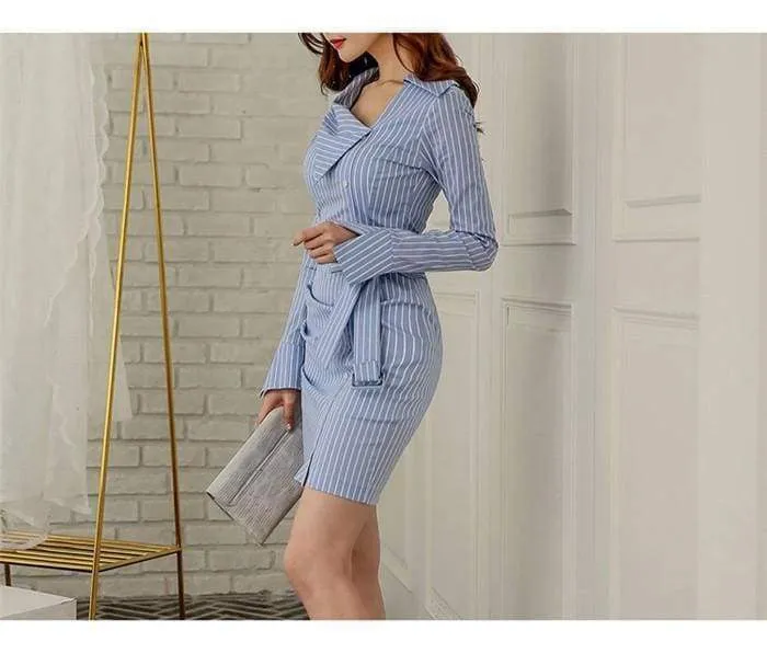 FashionSierra - Lady Elegant Striped Short Dress Long Sleeve Pencil Dress