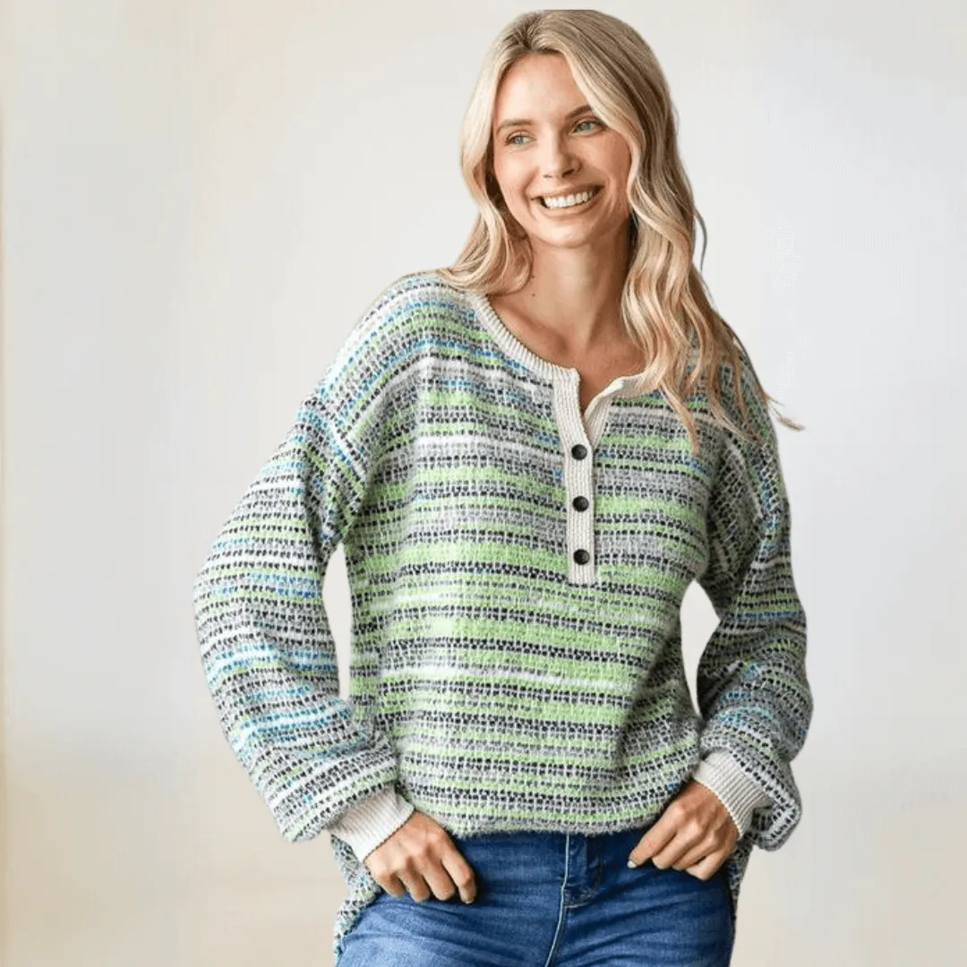 Fuzzy Soft Striped Henley Sweater Made in USA