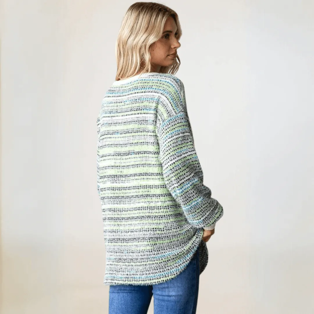 Fuzzy Soft Striped Henley Sweater Made in USA