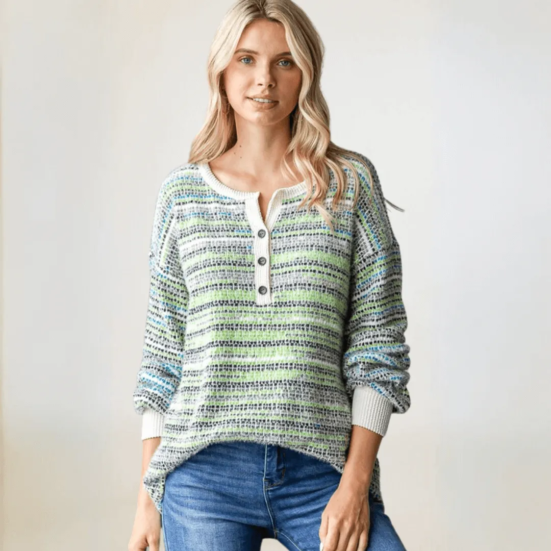 Fuzzy Soft Striped Henley Sweater Made in USA