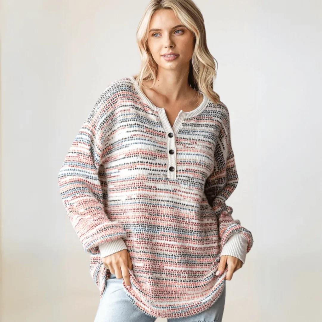 Fuzzy Soft Striped Henley Sweater Made in USA