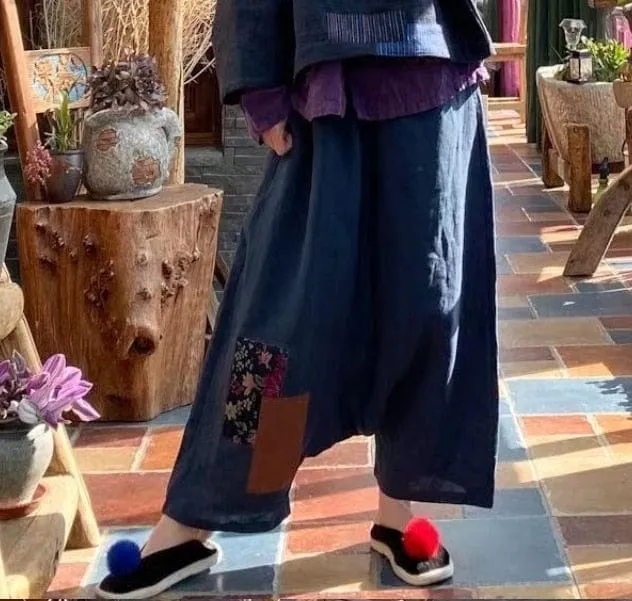 Patchwork Blue Linen Pants | Hippie