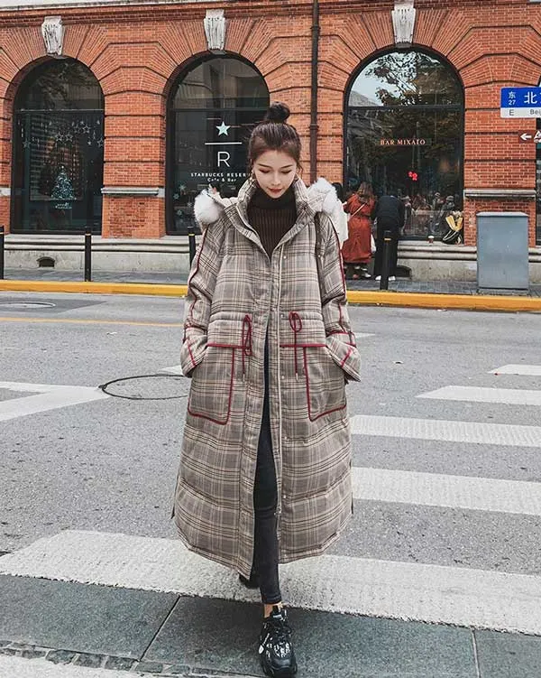 Plaid Mid-Length Quilted Padded Puffer Winter Women's Coat