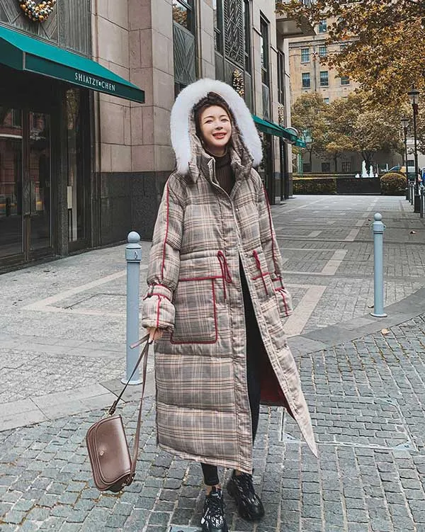 Plaid Mid-Length Quilted Padded Puffer Winter Women's Coat