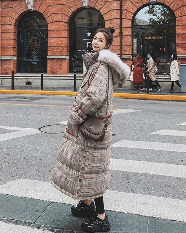Plaid Mid-Length Quilted Padded Puffer Winter Women's Coat