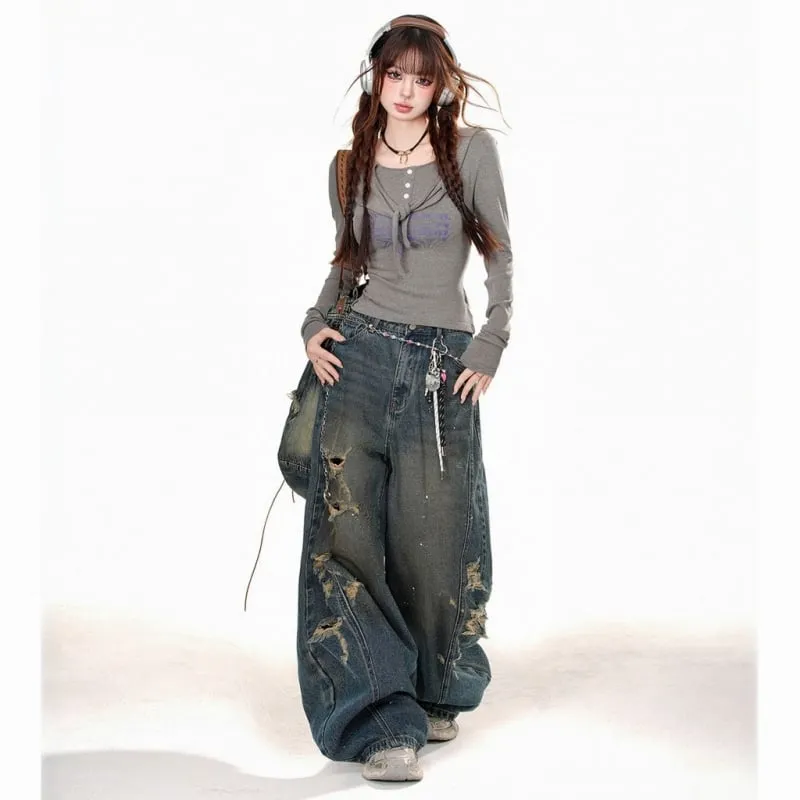 Summer Retro Straight-Leg Ripped Jeans