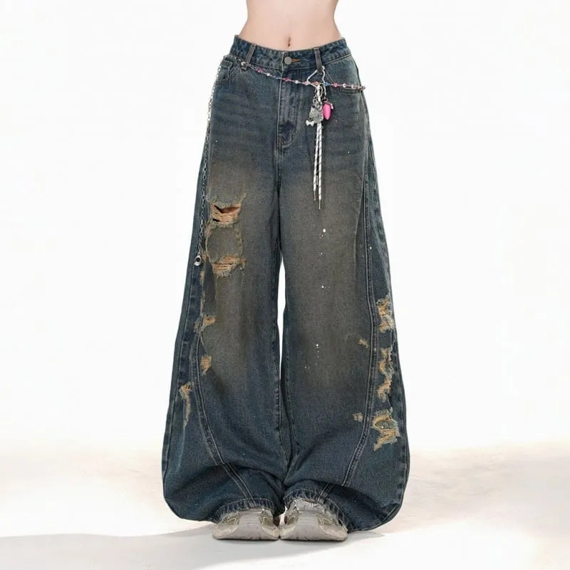 Summer Retro Straight-Leg Ripped Jeans