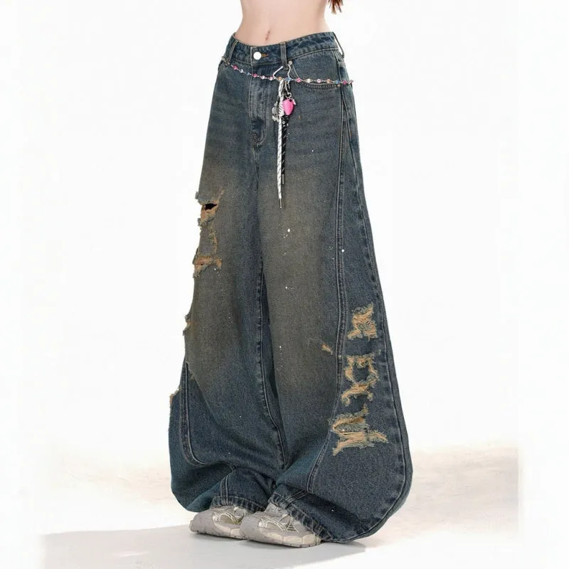 Summer Retro Straight-Leg Ripped Jeans