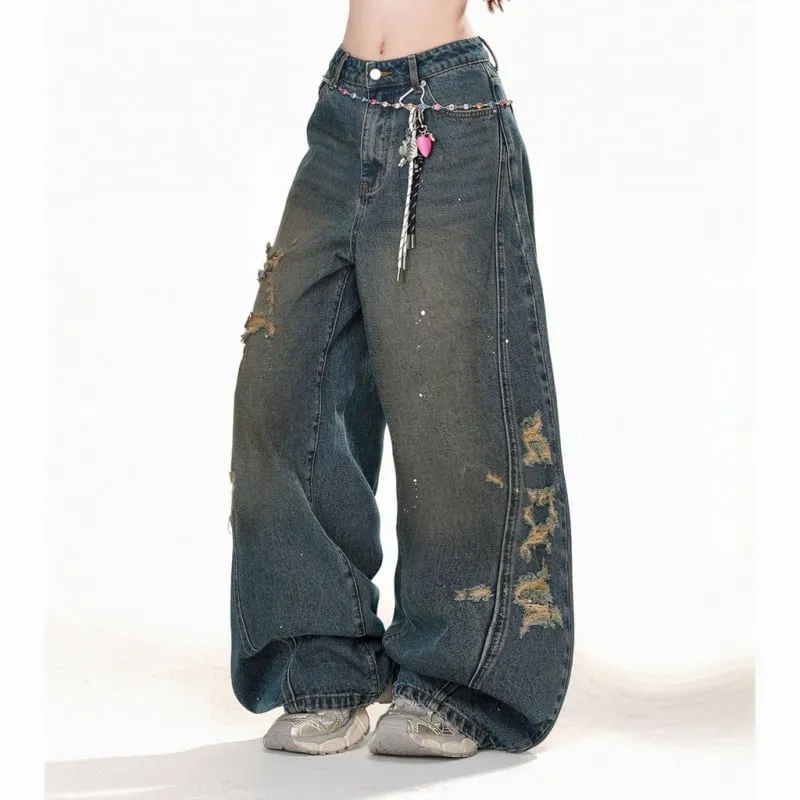 Summer Retro Straight-Leg Ripped Jeans