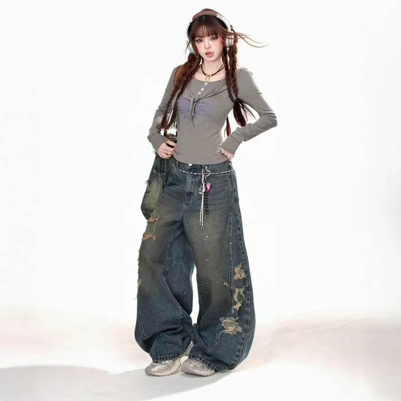 Summer Retro Straight-Leg Ripped Jeans