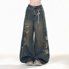 Summer Retro Straight-Leg Ripped Jeans