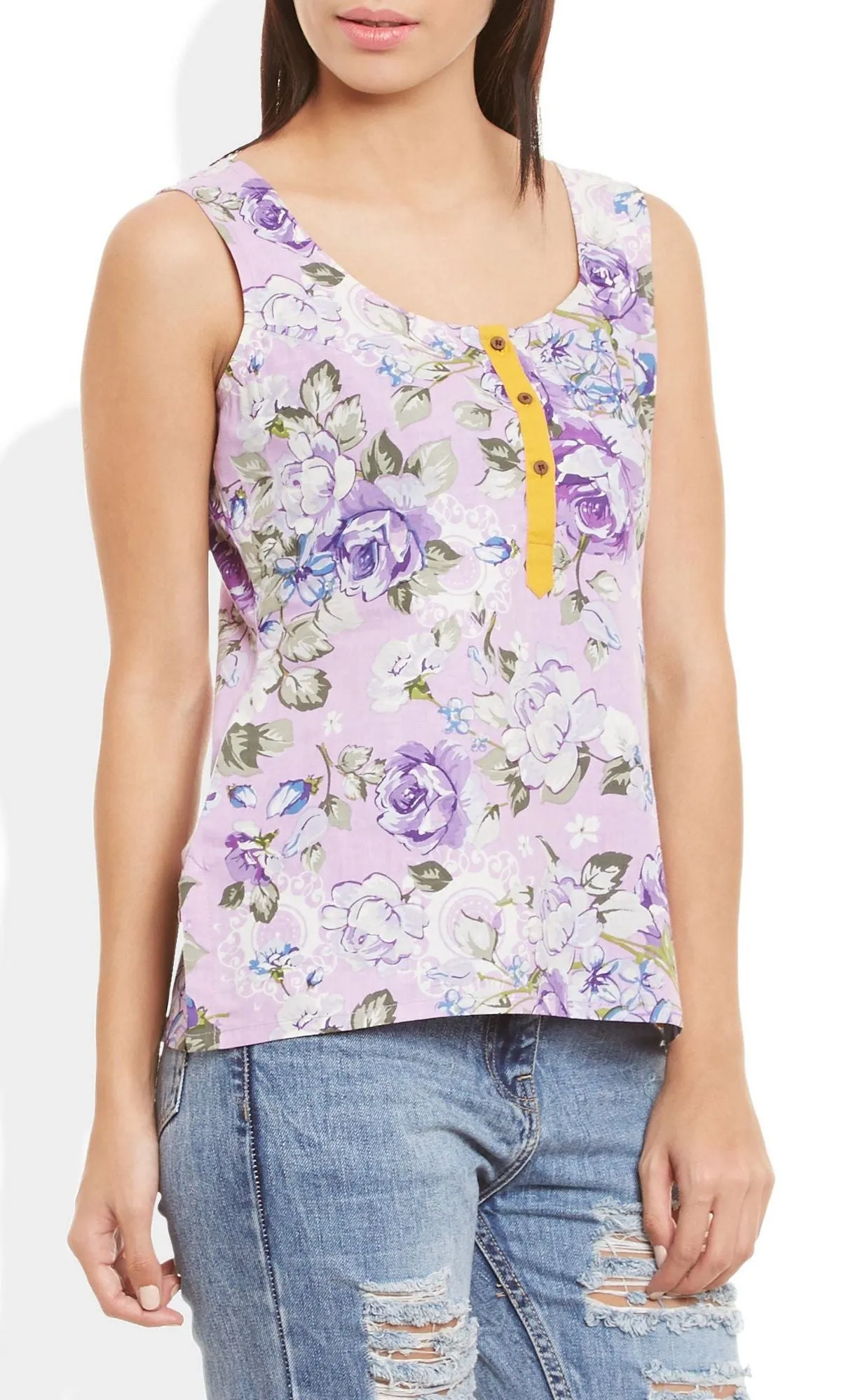 Womens Cotton Printed Short Top Kurti Sleeveless With Contrast Placket And Buttons,Small,W-CST32-3117